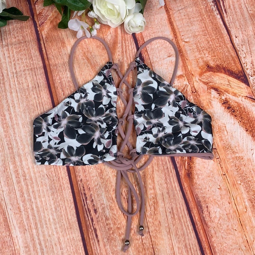 Reversible HighNeck Strappy Floral Bikini Top Ac68